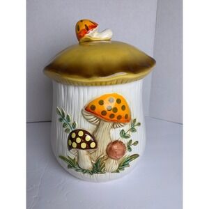 Vintage 1978 Sears Merry Mushroom Ceramic Canister with Lid XL 11" Cottage Retro